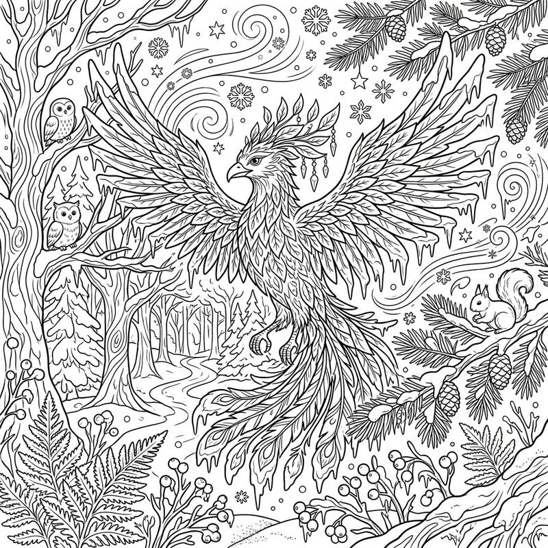 Discover the mystical beauty of a Forest Phoenix in a serene winter wonderland with this captivating coloring page. Its intricate details and magical setting offer a delightful challenge for colorists of all levels.