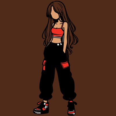 girl in baggy pants crop top and long hair