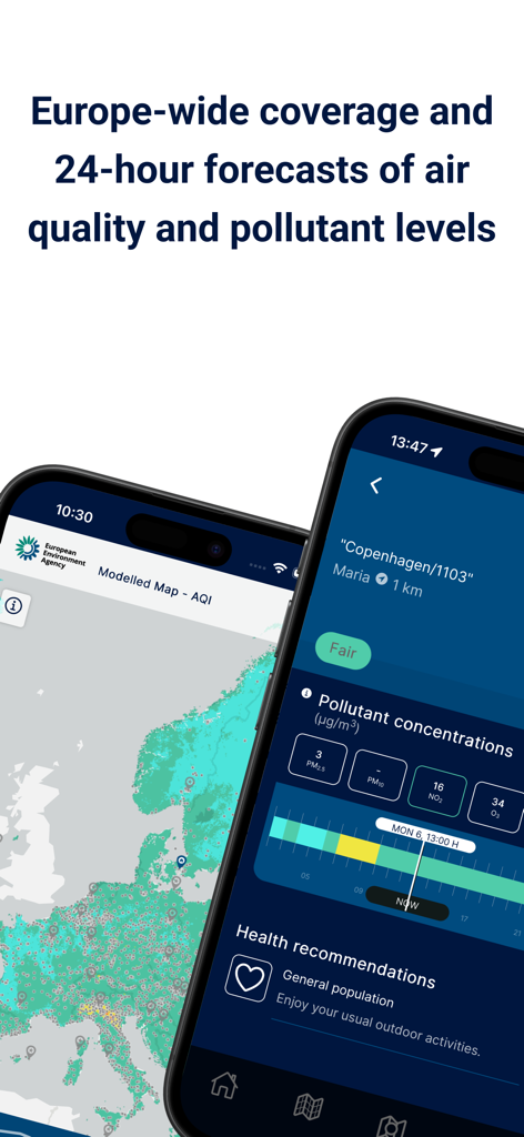 European Air Quality Index app interface showing a map of Europe and detailed pollutant concentrations with health recommendations