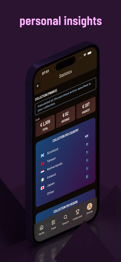 Screenshot of the Drammer whisky app showing personal collection insights and statistics