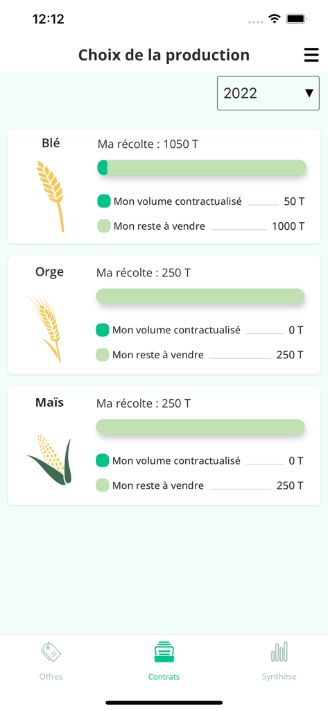 AGRImarket Formation - Mobile app interface showing agricultural production tracking for wheat barley and corn with harvest and contract volumes