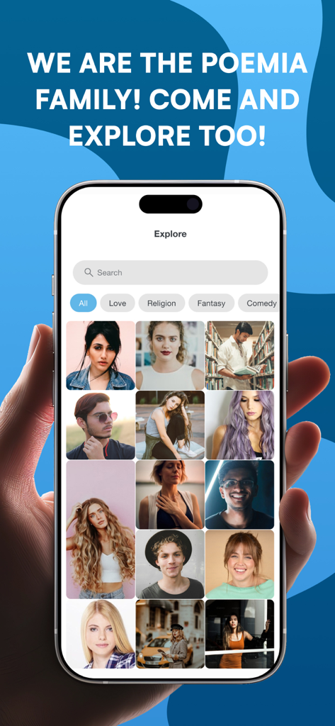 The explore section of the Poemia app featuring a diverse community of poets