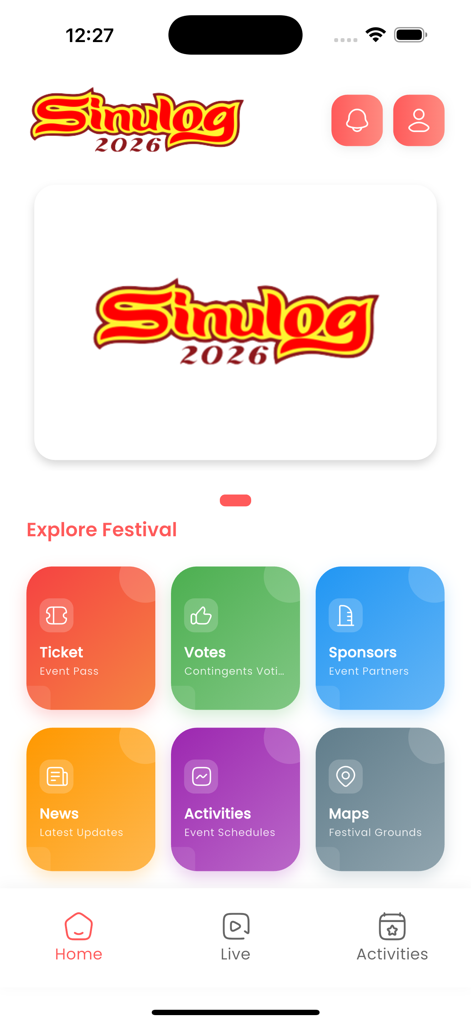Sinulog Festival - Main home screen of the Sinulog Festival app showing festival exploration options including tickets news and maps