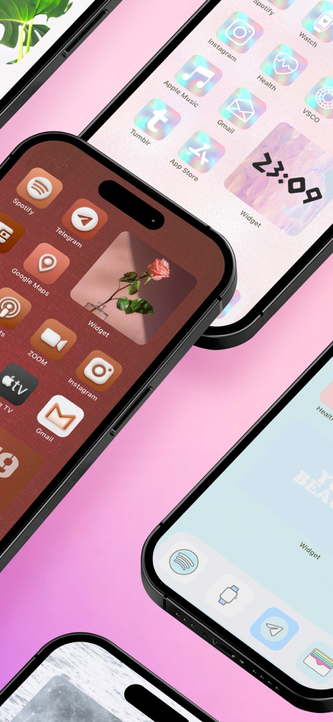 Three iPhones displaying different aesthetic home screen themes with custom icons and widgets.