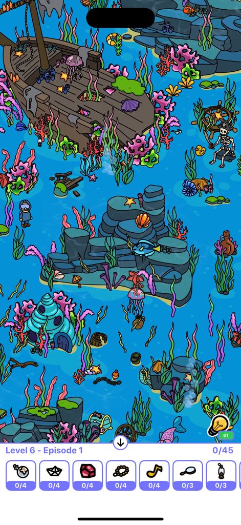 Underwater gameplay screen of Seek and Find Hidden Objects featuring a shipwreck and colorful sea creatures