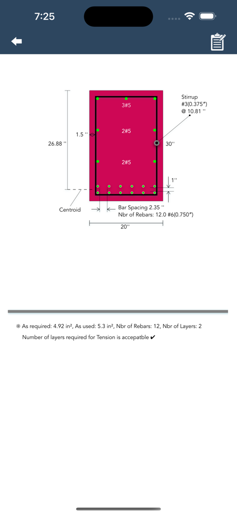 Diagrama detallado de la sección transversal de una viga de hormigón armado que muestra la distribución de armaduras y las dimensiones del diseño