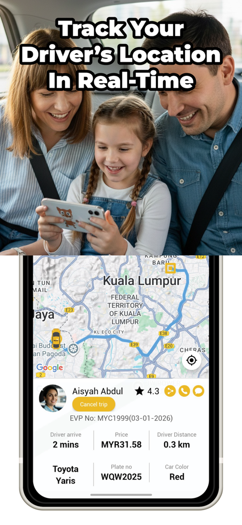 MyCar Passenger - A family tracking their ride share driver in real time using the MyCar Passenger app