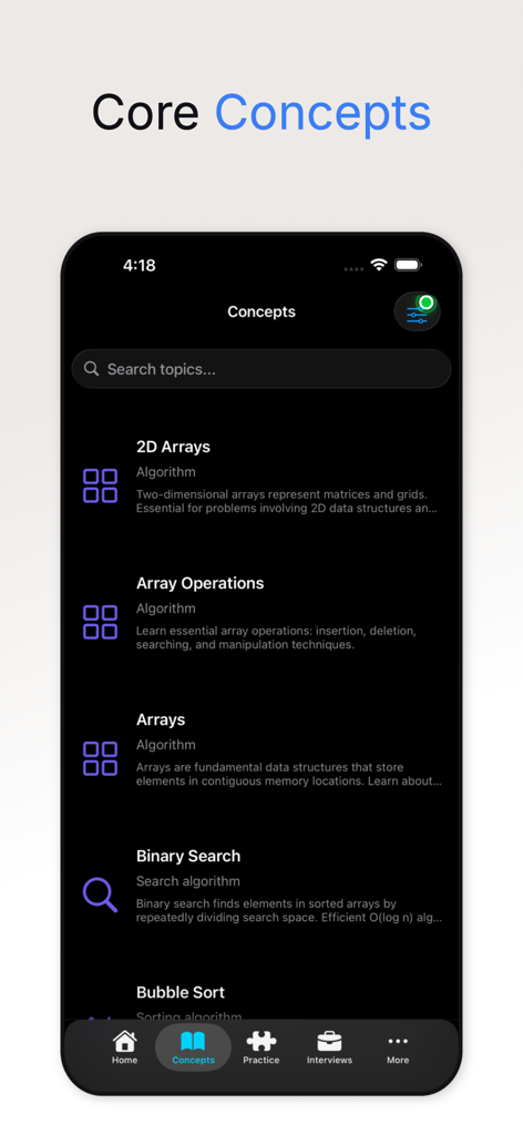 DSA Master - Data & Algorithms - DSA Master의 모바일 앱 화면으로, 배열 및 이진 검색과 같은 핵심 데이터 구조 및 알고리즘 개념 목록을 보여줍니다.