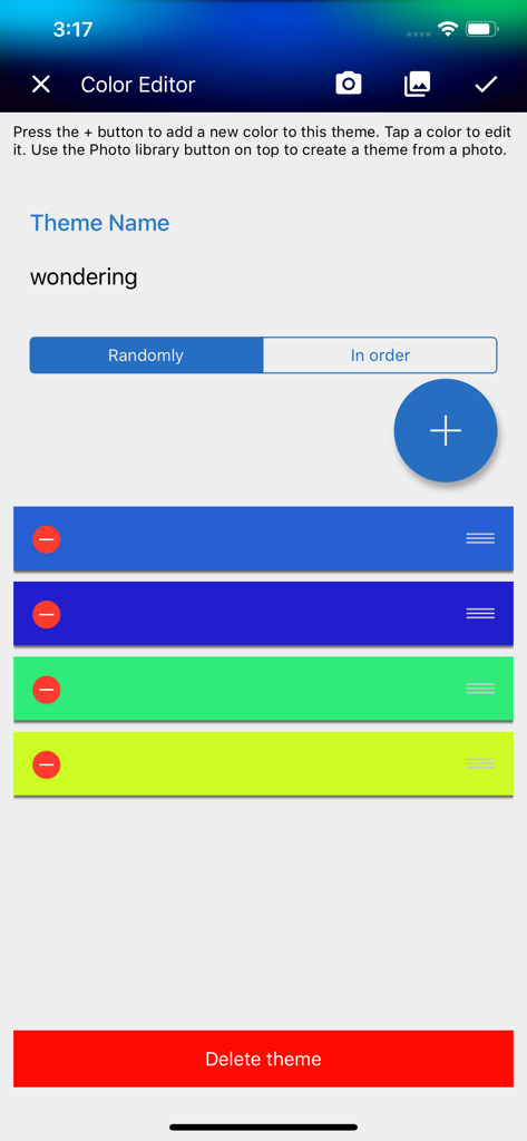 Hue Disco - Hue Disco app color editor screen showing a custom lighting theme with blue green and yellow color bars