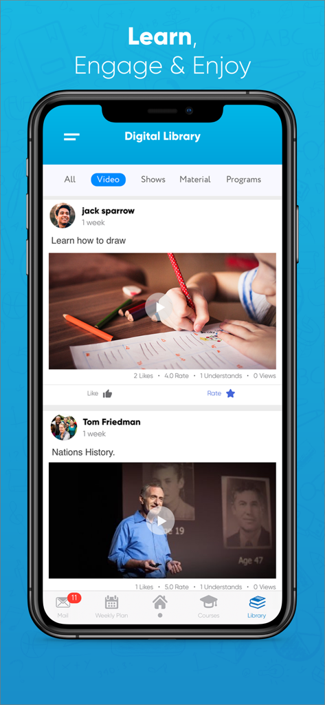 Noor LMS - A screenshot of the Noor LMS app showing the Digital Library interface with educational video lessons for students.