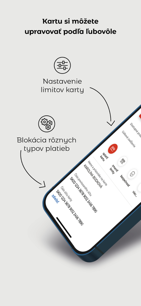 Interfaccia dell'app mobile mBank SK che mostra i limiti della carta e le impostazioni di sicurezza dei pagamenti