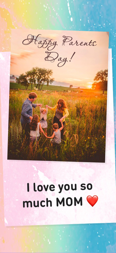 Um cartão de felicitações digital para o Dia dos Pais com foto de família e mensagem pessoal para a Mãe.