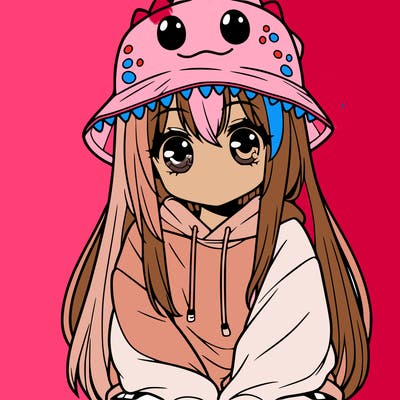 girl with anime shaped eyes with a dinosaur bucket hat oversized sweatshirt long straight hair