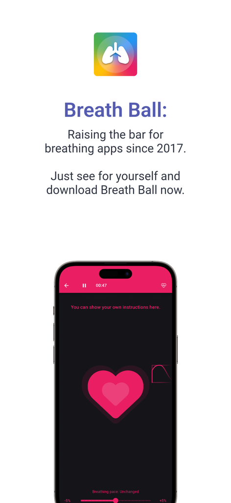 Smartphone displaying the Breath Ball app interface with a pink heart icon for guided breathing exercises
