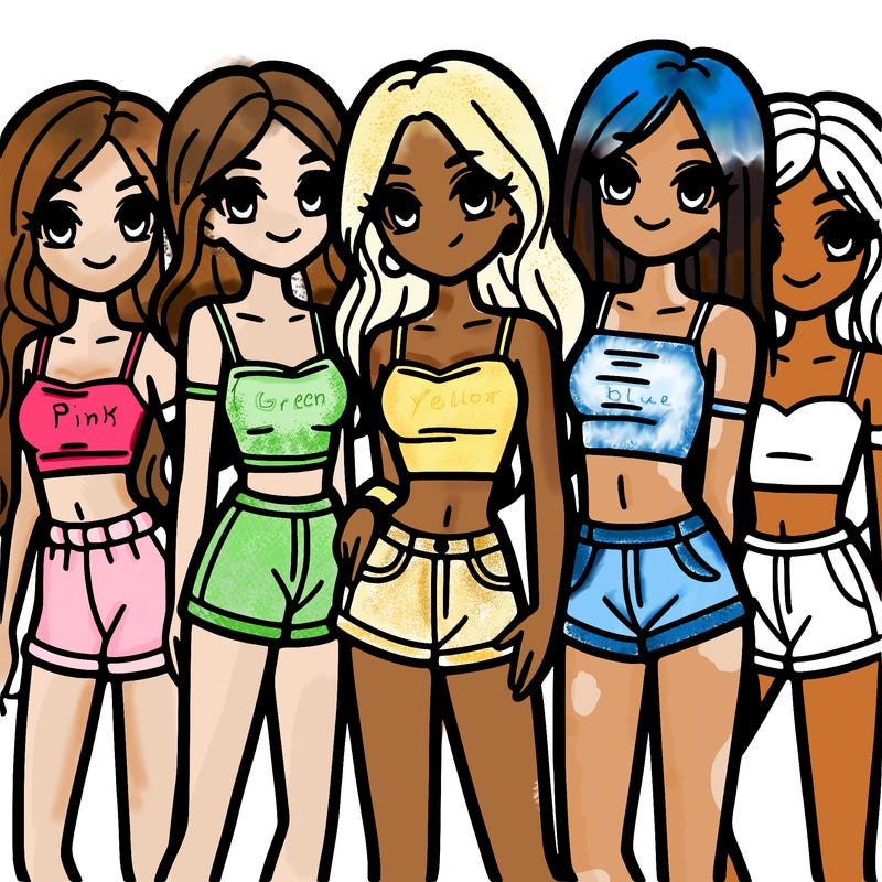 a group of girls wearing crop tops and shorts