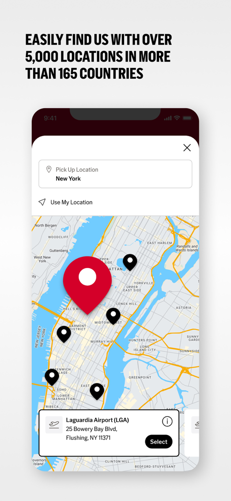 Avis app map showing car rental locations in New York City with LaGuardia Airport selected