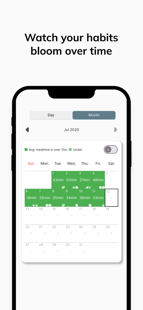 Chewing Diet - Monthly calendar view in the Chewing Diet app showing habit tracking for mindful eating and meal duration
