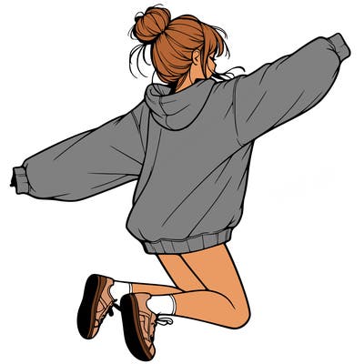 realistic girl jumping with a bun and oversized sweatshirt