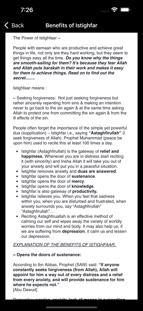 Ein Mobile-App-Bildschirm, der die spirituellen und weltlichen Vorteile der Praxis von Istighfar anzeigt
