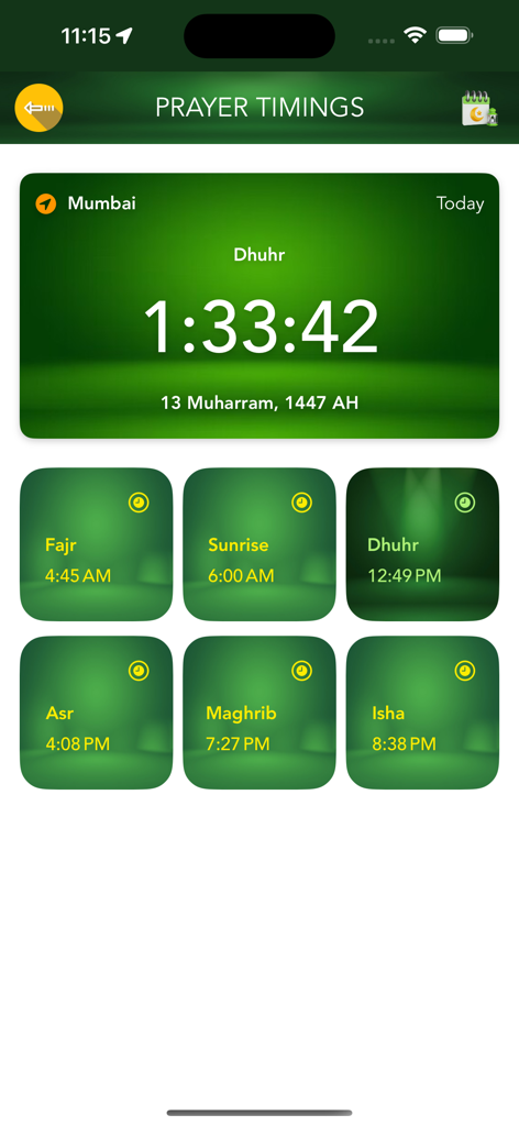 Benutzeroberfläche, die tägliche islamische Gebetszeiten und einen Countdown-Timer in einer grün gestalteten App zeigt.