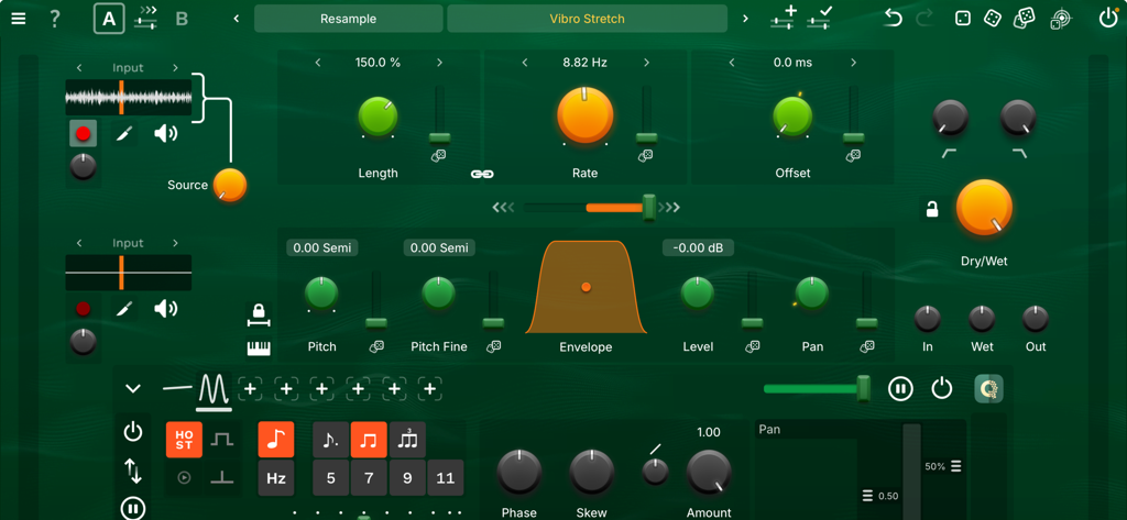 GSDSP Quantum Granulator - GSDSP Quantum Granulatorアプリのプロフェッショナルインターフェース。オーディオ処理コントロールとXYパッドが表示されます。