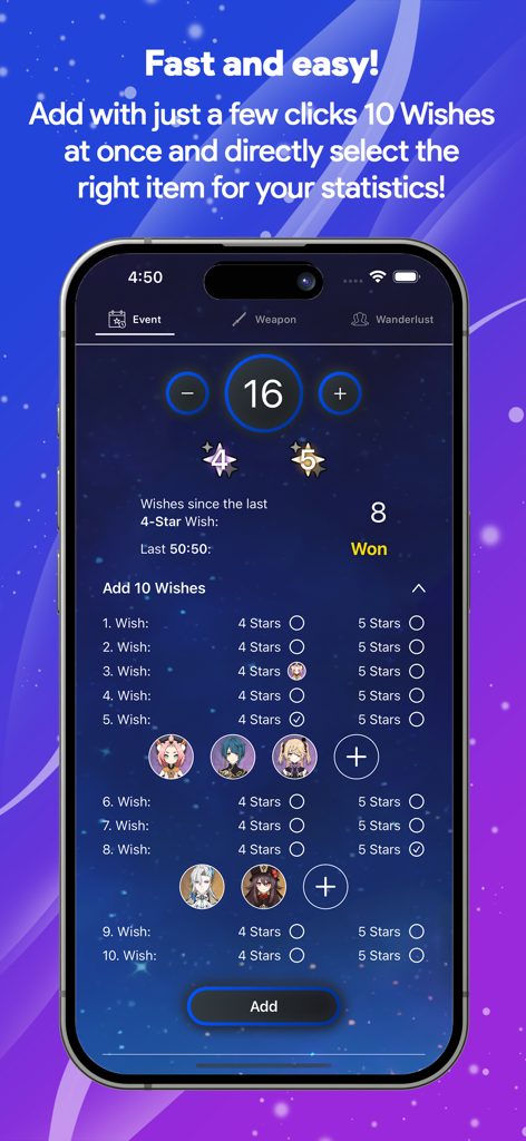 WishCounter-App-Oberfläche auf dem iPhone, die den Eingabebildschirm zum Hinzufügen von zehn Wünschen gleichzeitig mit Symbolen zur Charakterauswahl zeigt.