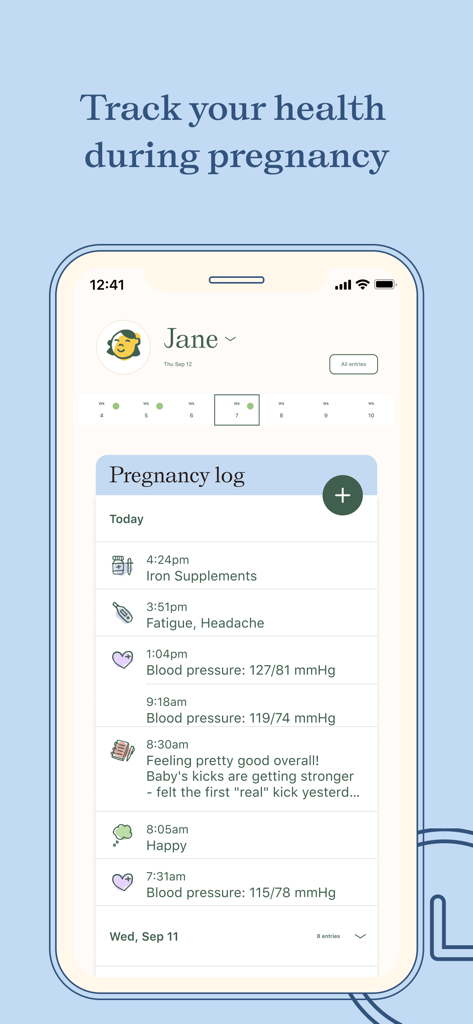 A screenshot of the Nara Baby app displaying a pregnancy health log with entries for blood pressure, supplements, and mood tracking.