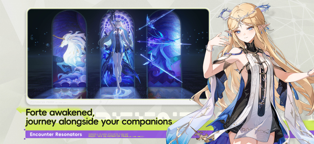 Wuthering Waves — To Lahai-Roi - Un personaje de anime rubio junto a una exhibición de Resonadores con el texto Viaje de la Fuerza Despertada junto a tus compañeros.