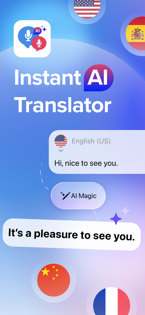 Talk and Translate AI app interface showing instant translation and AI rephrasing with various country flags