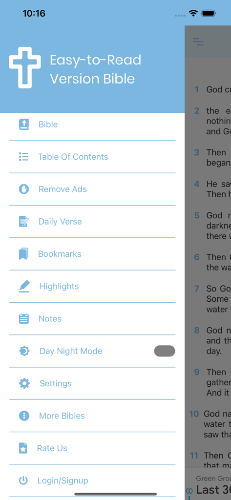 Easy-to-Read Version Bible ERV - Menú de navegación de la aplicación Biblia Versión Fácil de Leer con opciones de versículos diarios, marcadores y modo día/noche.