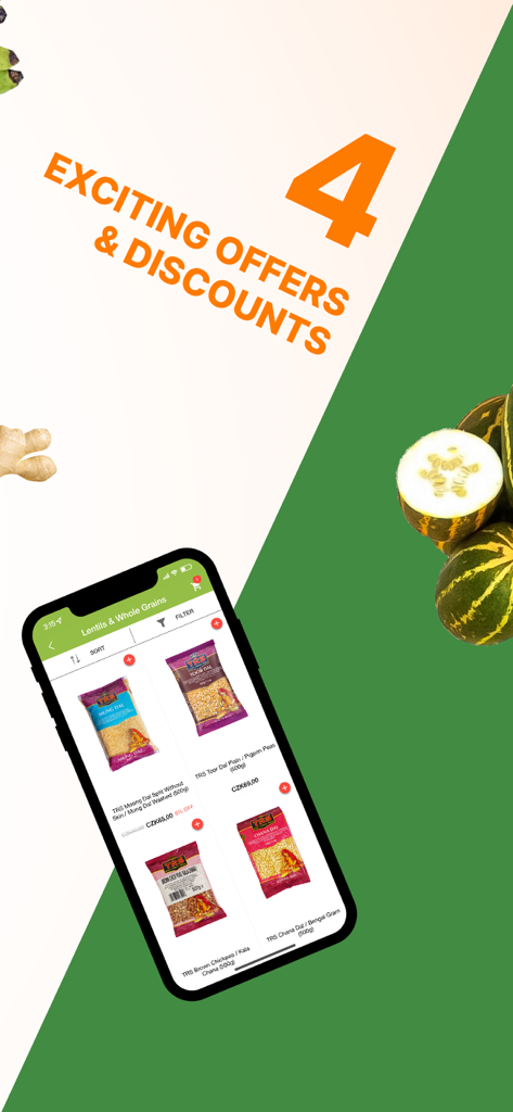 Dookan-Online Groceries - Dookan-App-Oberfläche, die Sonderangebote und Rabatte auf indische Linsen und Vollkornprodukte anzeigt