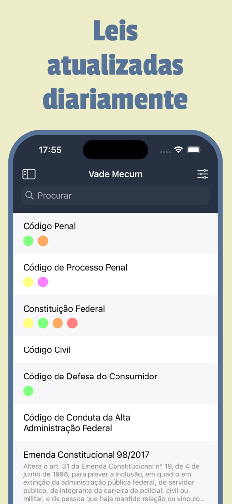 Vade Mecum 2026 Direito Brasil - Smartphone screen displaying the Vade Mecum 2026 app interface with a list of Brazilian laws including the Penal Code and Federal Constitution.