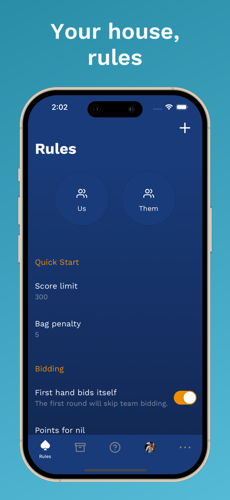 Bookbag: Spades Scorekeeper - A mobile interface for the Bookbag Spades Scorekeeper app showing customizable house rules like score limits and bag penalties