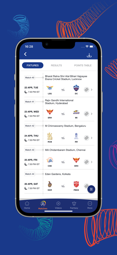 The fixtures screen of the official IPL app showing the upcoming cricket match schedule