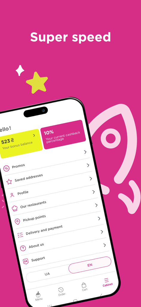 Yapiko - Interfaz del perfil de usuario de la app de entrega de comida Yapiko mostrando el saldo de bonificación y las opciones de cuenta.