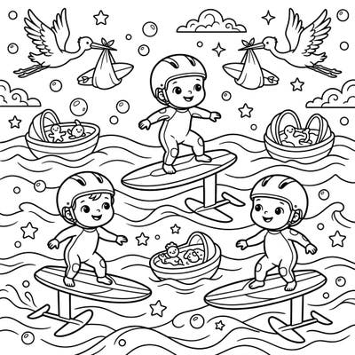Get ready for a wave of cuteness with this unique baby shower coloring page, featuring tiny foil surfers and storks. It's the perfect way to celebrate a new arrival with a splash of creativity!