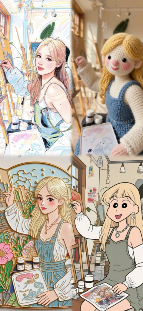 AI Artistic: Wan Video - Uma colagem exibindo quatro estilos de arte distintos gerados por IA, incluindo esboço, crochê, vitral e cartoon.