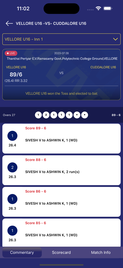 Mobile interface of the TNCA LIVE app showing live cricket scores and ball by ball commentary for a youth match