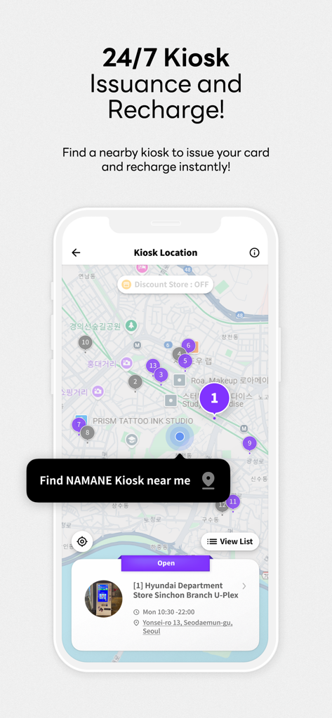 Uno schermo di un'app mobile che mostra una mappa con pin numerati che rappresentano le posizioni dei chioschi delle carte NAMANE a Seoul