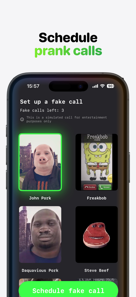Incoming Call: John Pork Prank - Interface para agendar uma chamada falsa de John Pork e outros personagens de meme