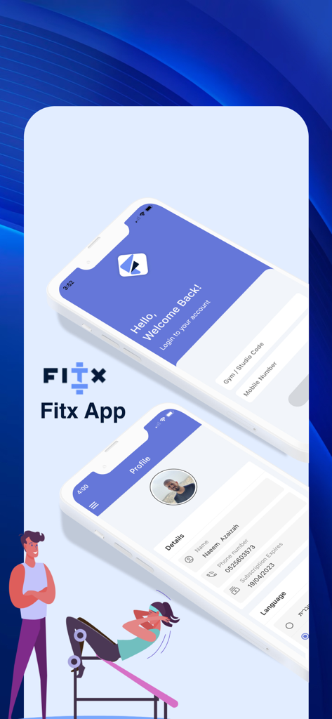 Fitx - App - Fitx App login and member profile screens displayed on smartphones