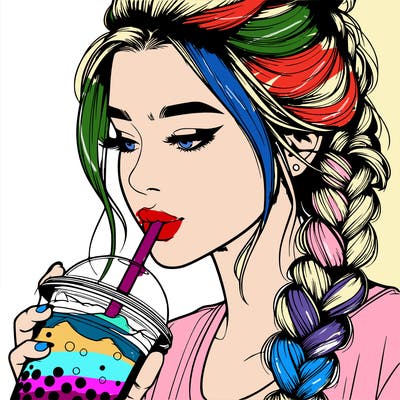 realistic girl drinking boba tea with braided hair