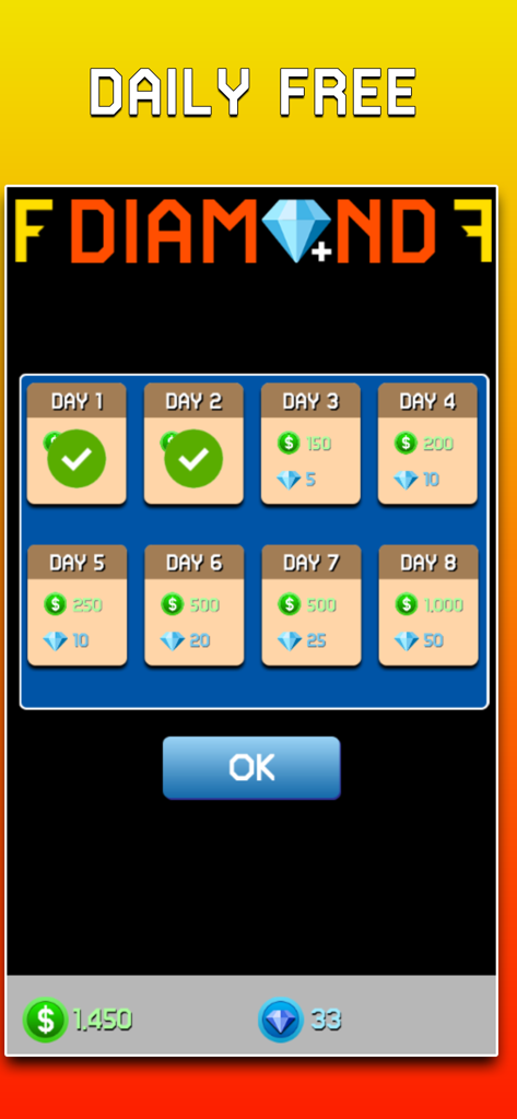 Diamond Convert - Lucky Quiz F - Daily reward calendar interface showing diamond and currency bonuses for consecutive logins.