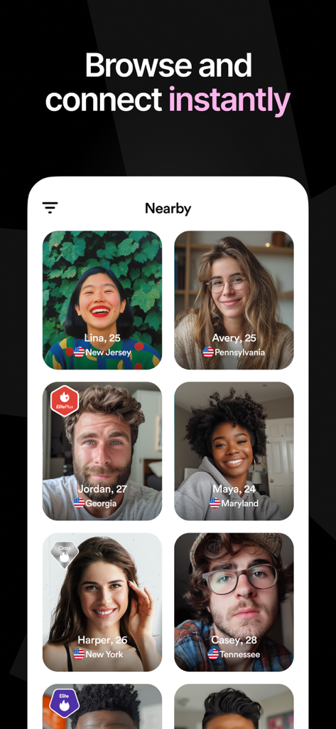MatchPub: Live 1:1 Video Chat - MatchPubアプリの画面。近くのセクションに様々なユーザープロフィールのカードを表示しています。
