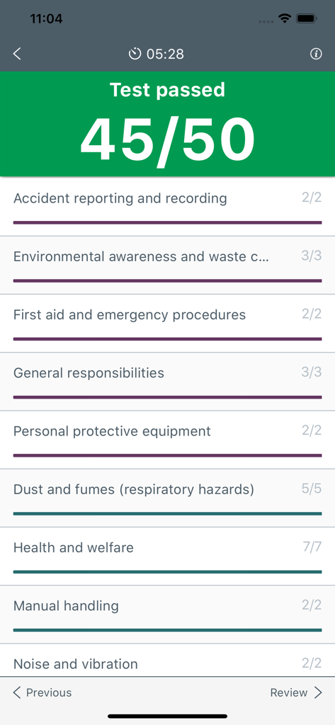 A results screen in the CITB HSE app showing a passed score of 45 out of 50 with category breakdowns.