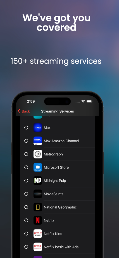 iPhone画面。ストリーミング中のアプリ内で、Max、Netflix、National Geographicなどの利用可能なストリーミングサービスのリストが表示されています。
