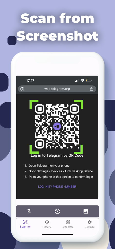 QR Code Reader App - ScanQR - Interfaccia dell'app ScanQR che mostra come scansionare un codice QR direttamente da uno screenshot del telefono.