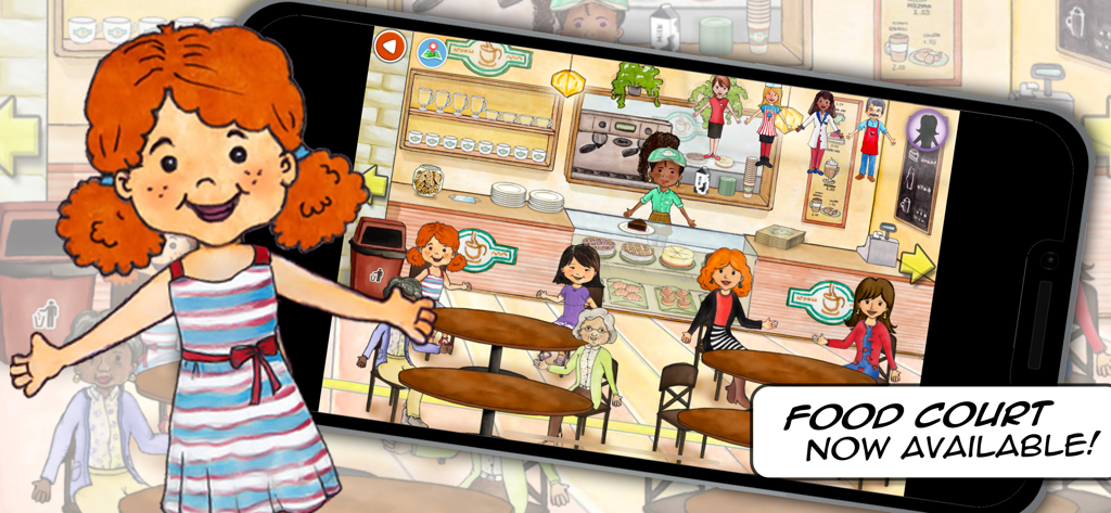 My PlayHome Plus - Eine digitale Puppenhaus-Kaffeeszene in der My PlayHome Plus App mit interaktiven Charakteren und einer Food-Court-Ankündigung.