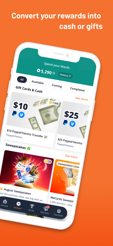 WeWard - Walking Rewards App - Pantalla de la aplicación WeWard que muestra las opciones de canje de recompensas por transferencias de efectivo y tarjetas de regalo