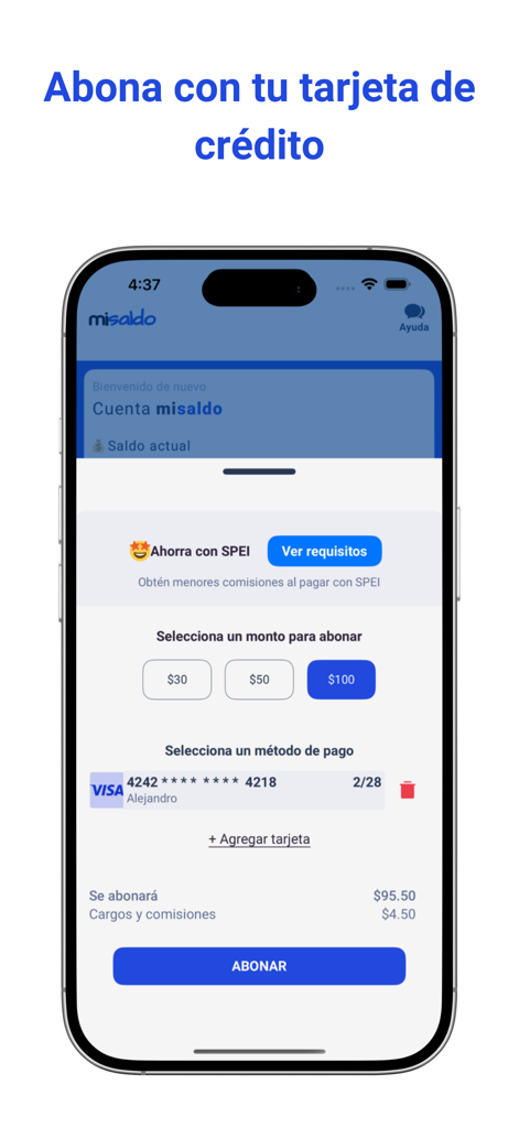 Mi Saldo - Mi Saldo app interface for topping up transit card balance using a credit card
